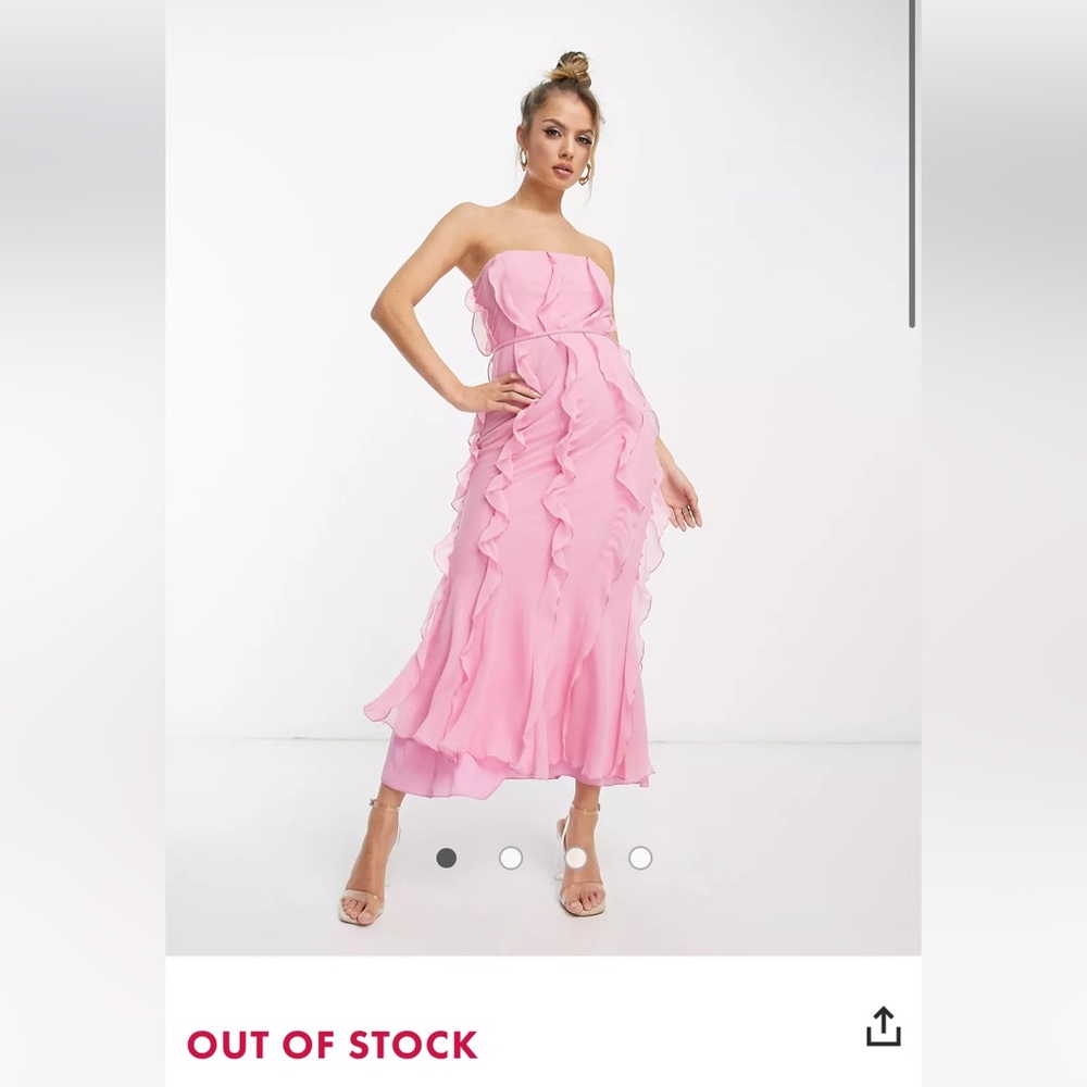 ASOS DESIGN ruffle bandeau midaxi dress with tie waist in pink